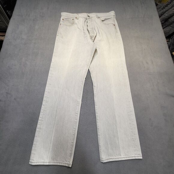 Levis 501 Mens 32x29 Gray Denim Jeans Straight Leg Button Fly Distressed - Picture 1 of 10